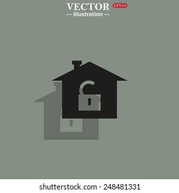 Icon on a green background with shadow. House, access is open, unlocked,  vector illustration, EPS 10