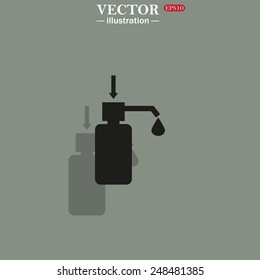 Icon on a green background with shadow. Shower Gel, Liquid Soap, Lotion, Cream, Shampoo, Bath Foam. , vector illustration, EPS 10