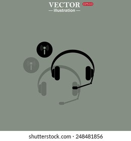 Icon on a green background with shadow. Headphones. Musical accessories running through wi-fi network,  vector illustration, EPS 10