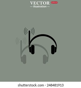 Icon on a green background with shadow. Headphones. Musical accessories running through wi-fi network,  vector illustration, EPS 10