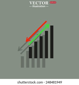 Icon on a green background with shadow. chart with green and red arrows, vector illustration, EPS 10