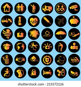 Icon on Insurance orange, yellow on black circles.