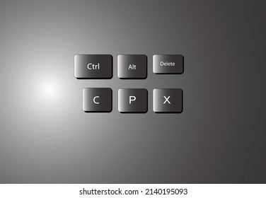 icon on keyboard keys White symbol with black background, Ctrl button, Alt, Delete, C, P, X