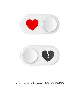 Icon On and Off toggle switch button with red heart and broken. Happy Valentines day. Like button. Vector illustration.