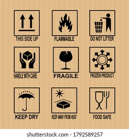 icon on the packaging. icons keep dry, foot safe, frozen product, this side up, fragile, handle with care, do not litter, flammable and keep away from heat