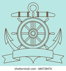 Icon on the sea theme. Lifebuoy, Anchor, Steering wheel, Wriggling ribbon for inscription. Vector illustration