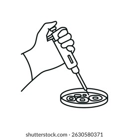 Icon on the theme of biology, medicine, and engineering. It depicts the hand of a tissue engineer holding a micropipette, using it to extract a stem cell from a Petri dish for research