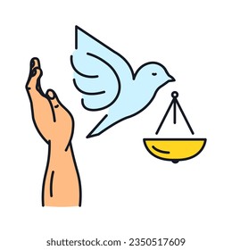 Icon on the theme of social justice freedom of conscience. The hand releases the pigeon and the scales in its beak