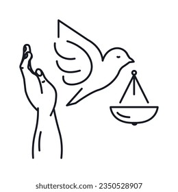 Icon on the theme of social justice freedom of conscience. The hand releases the pigeon and the scales in its beak