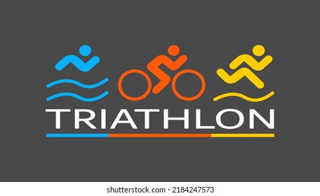 Icon on the theme of sport, triathlon. Silhouettes of athletes, swimmer, cyclist, runner, drawn on a dark gray isolated background, colored  logo