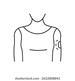 ícone sobre o tópico de sistemas de administração de fármacos transdérmicos, desenhado com linhas finas. Representa a parte superior do corpo com um adesivo médico aplicado no ombro