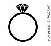 Icon of one ring with diamond or other gem. Engagement or marriage ring, jewelry. Isolated object. Vector black symbol, sign.