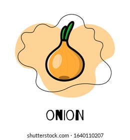 Icon of onion, vegetables. Modern and bright illustration of a oniont in the flat style with text and graphic elements.