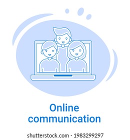 Icono de comunicación en línea y comunicación virtual.Uso de mensajeros y servicios de alojamiento de video. Ilustración vectorial de un icono de línea delgada en un fondo azul.