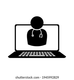 Icon Online Doctor, Telemedicine Or Telehealth,  Virtual Emergency Medical Consultation Support,  Video Visit With Doctor On Laptop Computer Flat, Icon For Healthcare Apps And Websites