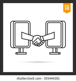 Icon of online negotiation concept, two people shaking hands through computer monitors