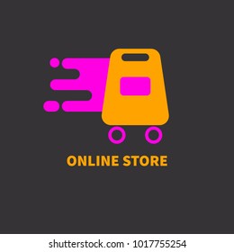 Icon online store. Bag on wheels. Logo shopping. Vector illustration