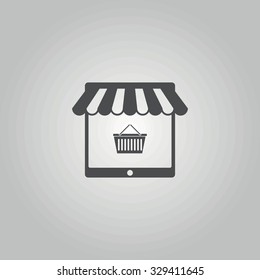 Icon on-line store in the form of a tablet with a tent and shopping cart.