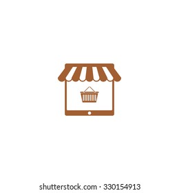 Icon on-line store in the form of a tablet with a tent and shopping cart.