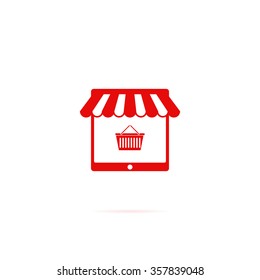 Icon on-line store in the form of a tablet with a tent and shopping cart.