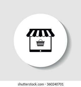 Icon on-line store in the form of a tablet with a tent and shopping cart.