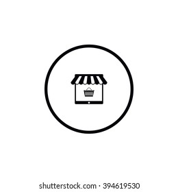 Icon on-line store in the form of a tablet with a tent and shopping cart.