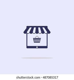 Icon on-line store in the form of a tablet with a tent and shopping cart.