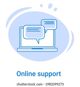 Icon of Online support and call center.Working with clients, interviewing people and users, forming a rating.Online marketing.Vector illustration of a thin line icon on a blue background.