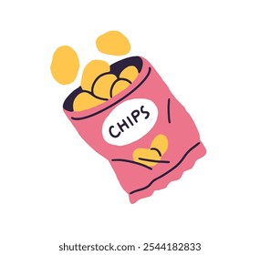 Icono de bolsa abierta de sabrosas papas fritas saladas. Paquete coloreado de apetitoso bocadillo crujiente. Embalaje de rebanadas fritas. Comida rápida, comida rápida moderna. Ilustración vectorial aislada plana sobre fondo blanco