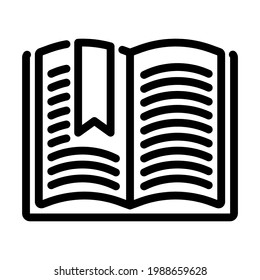 Symbol des offenen Buches mit Lesezeichen. Feines Rahmendesign mit bearbeitbarer Hubbreite. Vektorgrafik.
