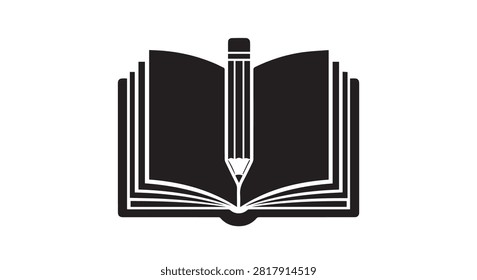 Icon of an open book with a centered pencil representing writing and learning