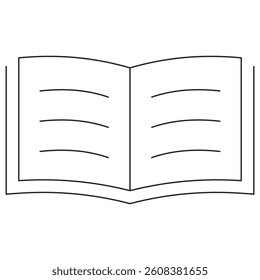Icon of an open book, representing reading, education, learning, literature, or knowledge. Vector pictogram with thin black lines on a transparent background. Line thickness is editable