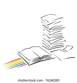 Icon - Open book and a stack of paper sheets (simple freehand drawing)