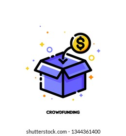 Icon of open box collecting monetary contributions from people for crowdfunding or investing into ideas concept. Flat filled outline style. Pixel perfect 64x64. Editable stroke