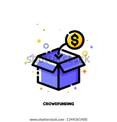 Icon of open box collecting monetary contributions from people for crowdfunding or investing into ideas concept. Flat filled outline style. Pixel perfect 64x64. Editable stroke
