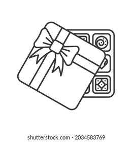 Icon of an open box of sweets for a holiday rewound bow. Valentine Day gift. Lid to the left of the box. Isolated vector on white background.