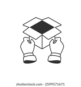 An icon of an open cardboard box in hands. A simple black-and-white line symbolizing delivery, packaging, logistics, unpacking, or shipping of goods.
