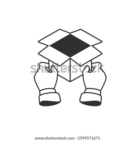 An icon of an open cardboard box in hands. A simple black-and-white line symbolizing delivery, packaging, logistics, unpacking, or shipping of goods.