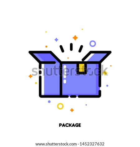 Icon of open carton package box which symbolizes delivered parcel for shopping and retail concept. Flat filled outline style. Pixel perfect 64x64. Editable stroke