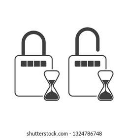 Icon open and closed combination lock with an hourglass. Vector on white background