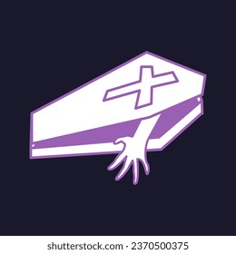 Icon of open coffin and protruding hand in naive style. Haloween illustration in purple tones. Icon. Clipart. Isolated element.	 