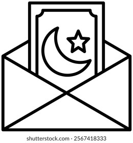 Icon of an open envelope with a card featuring a crescent moon and star, symbolizing Eid greeting card and festive messages. Perfect for Ramadan, Eid content, and Islamic celebrations.