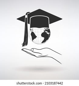 icon open hand with graduate cap on globe on light background