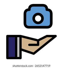 ícone de uma mão aberta segurando uma câmera. Representa serviço de fotografia, suporte, doação, compartilhamento de equipamento ou criação de mídia.