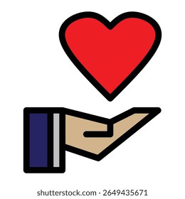 icon of an open hand holding a heart shape. Represents love, care, donation, charity, or emotional support.