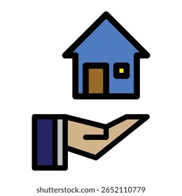 icon of an open hand holding a house. Represents home insurance, property care, shelter support, real estate service, housing donation, safety and responsibility.