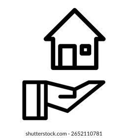 icon of an open hand holding a house. Represents home insurance, property care, shelter support, real estate service, housing donation, safety and responsibility.