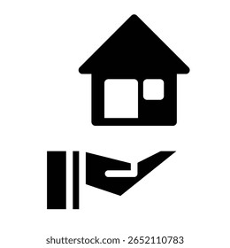icon of an open hand holding a house. Represents home insurance, property care, shelter support, real estate service, housing donation, safety and responsibility.