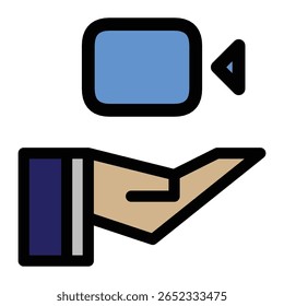 icon of an open hand holding a video camera symbol. Represents video production support, video donation, videography service, creative content assistance, or equipment sharing.