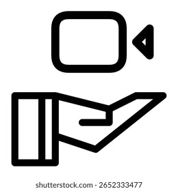 icon of an open hand holding a video camera symbol. Represents video production support, video donation, videography service, creative content assistance, or equipment sharing.